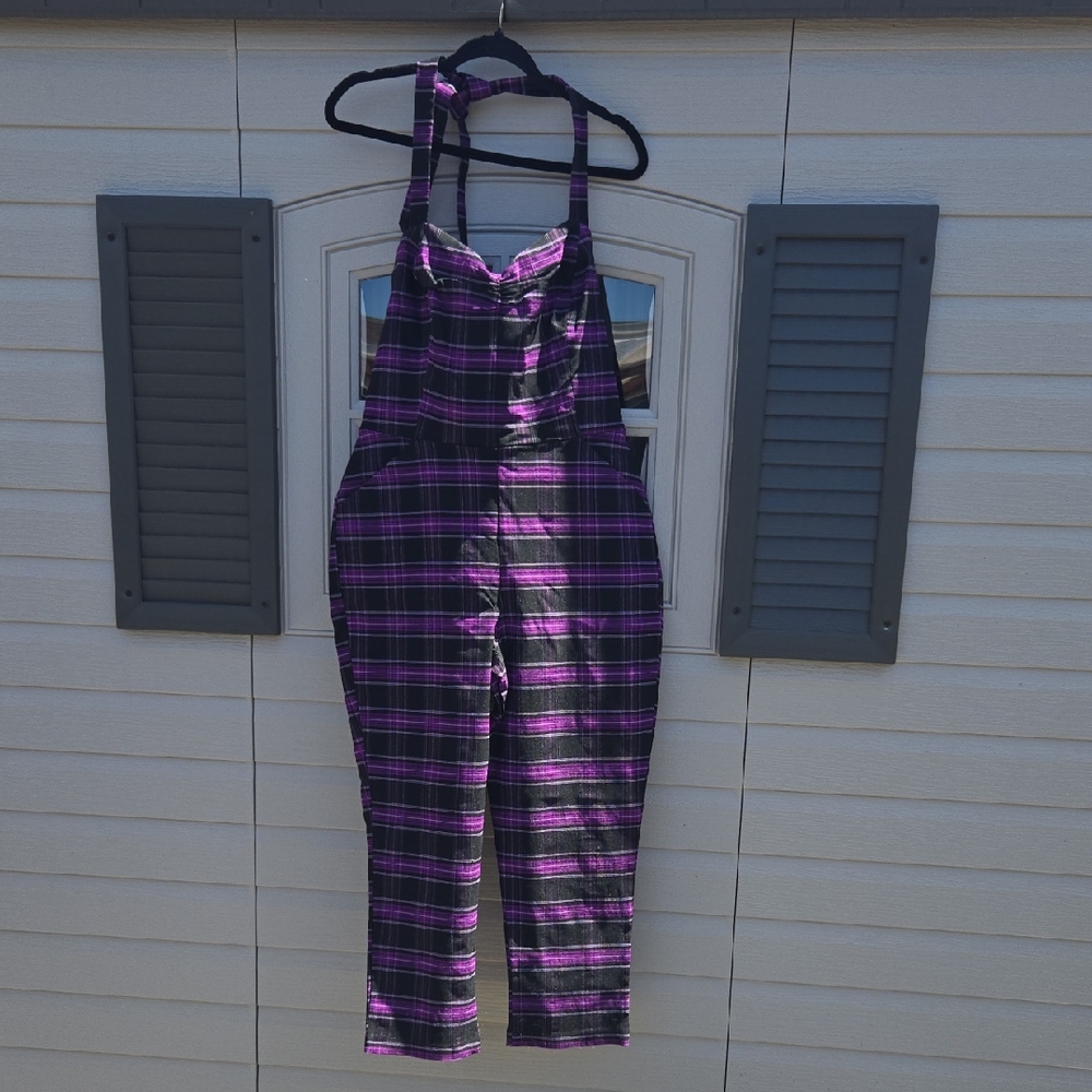 "Unique Vintage" Retro Halter Plaid Purple Women's Jumpsuit Sz XL/14